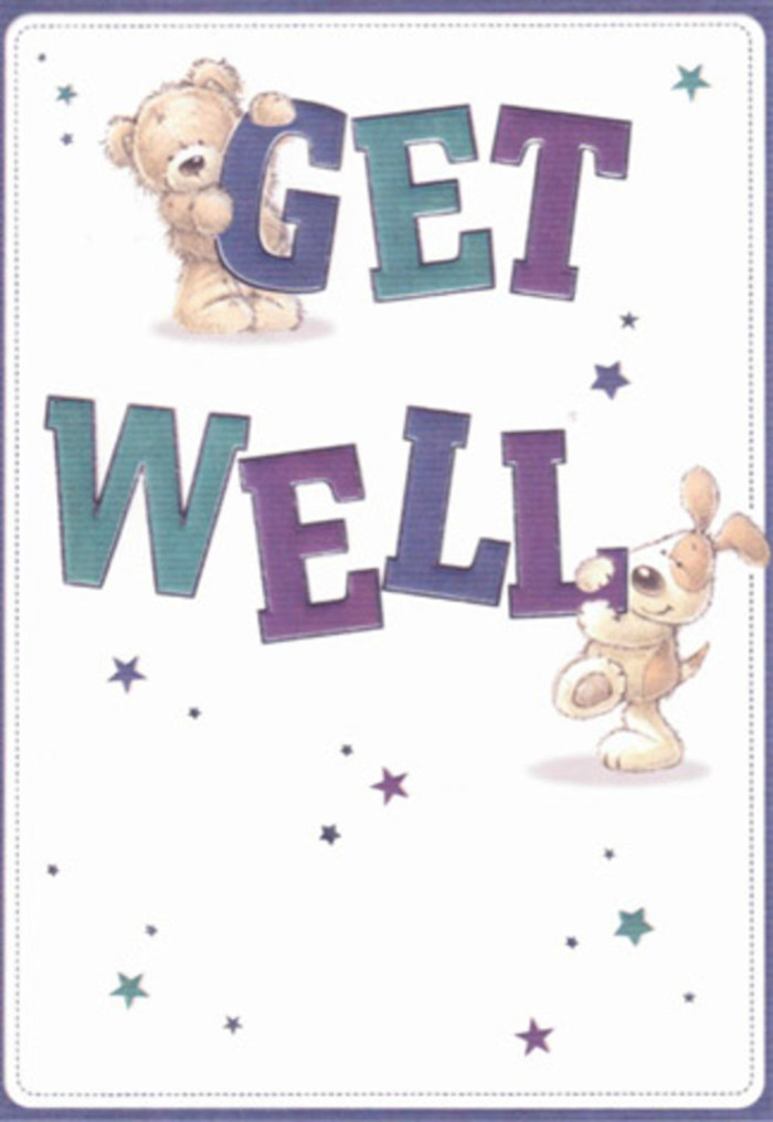 Within this get well card lies a tableau of gentle encouragement, woven from the inviting illustrations of a teddy bear and a playful puppy. Animated stars seem to dance around the pair, spreading benevolent energy like the cheerful chatter in Hitchin's town square cafés. The typography commands attention; big, confident blocks shaded in lively purples and serene aquas ground the design with bold assurance and friendly optimism. One can almost feel the bear's fluffy coat and trace the velvet on the puppy's floppy ears, the texture rendered so expertly that each character seems nearly tangible. Imagine sharing this card with a bouquet of blooms sourced from Hitchin's bustling street markets; the combined gesture weaves together visual and floral comfort, enveloping a loved one in support. The composition breathes with an airy, light-filled mood, perfect for nurturing wellbeing regardless of age or circumstance-a true reflection of the kindness often found in Hitchin's vibrant community life.